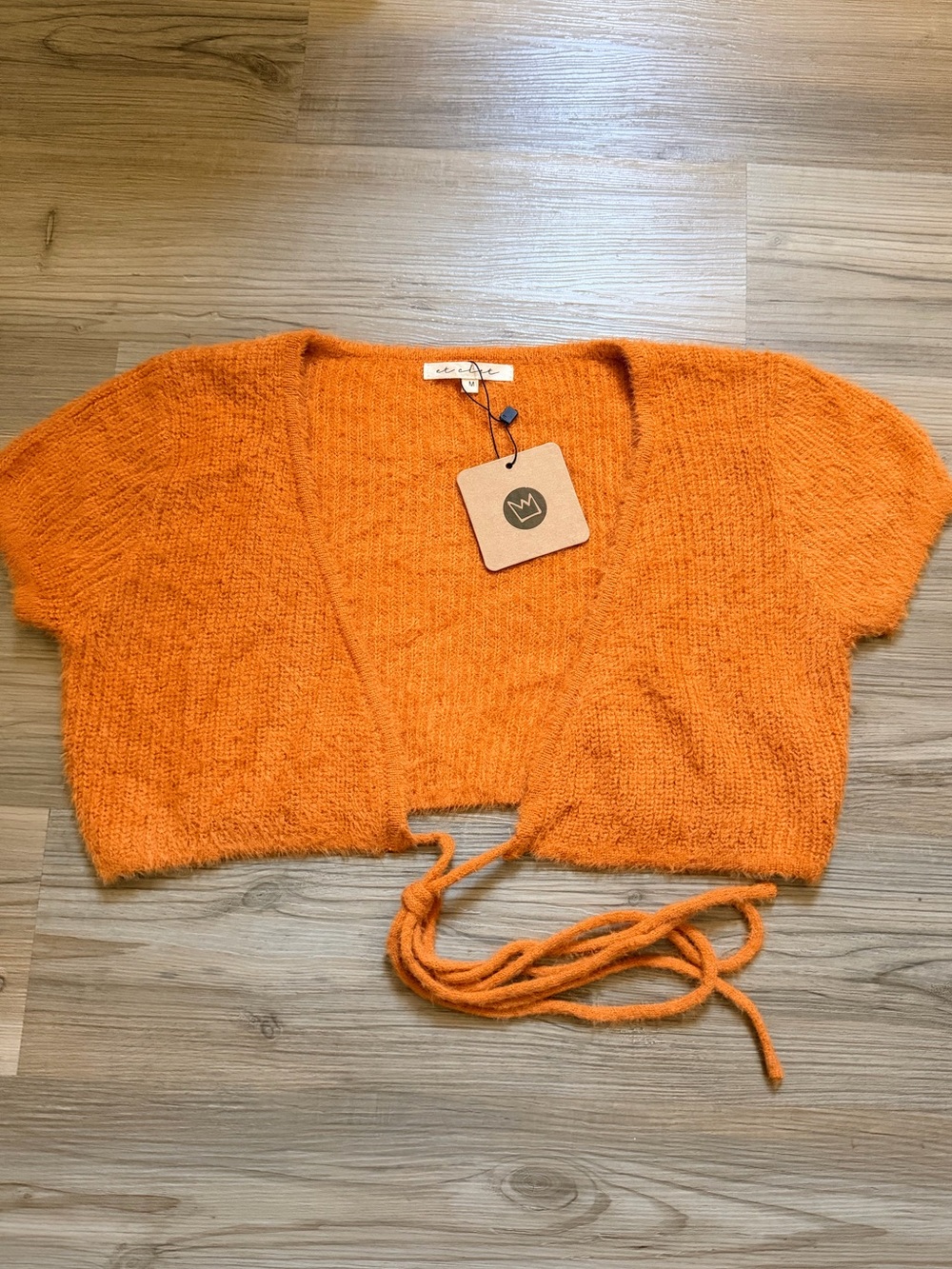 Etcetera Orange Tie-Front Cropped Fuzzy Knit Cardigan